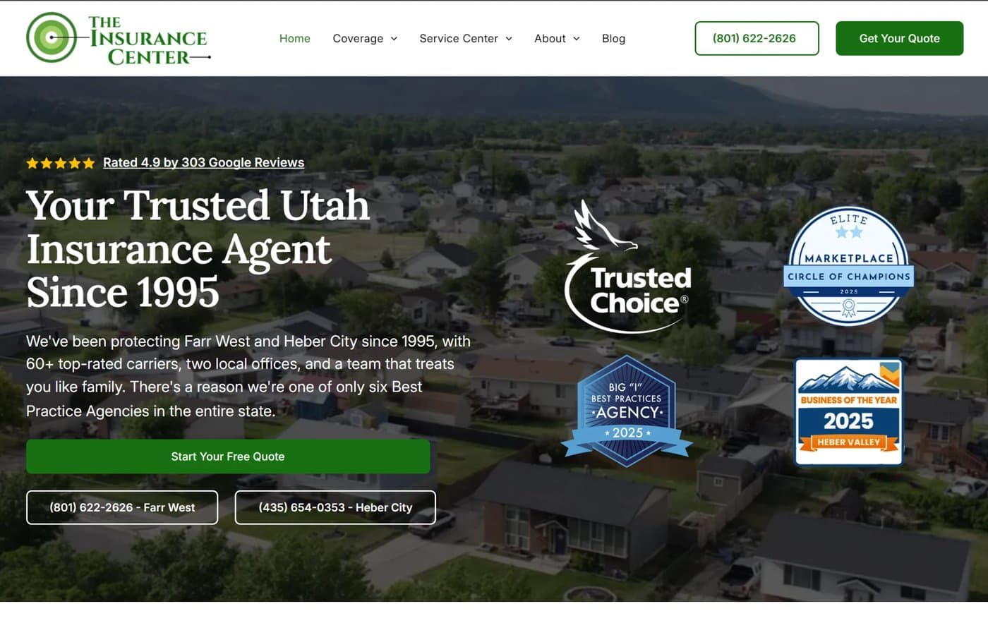 The Insurance Center home page: "Your Trusted Utah Insurance Agent Since 1995" with agency award badges