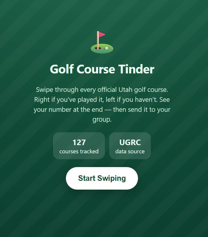 Golf Course Tinder start screen with 127 Utah courses tracked